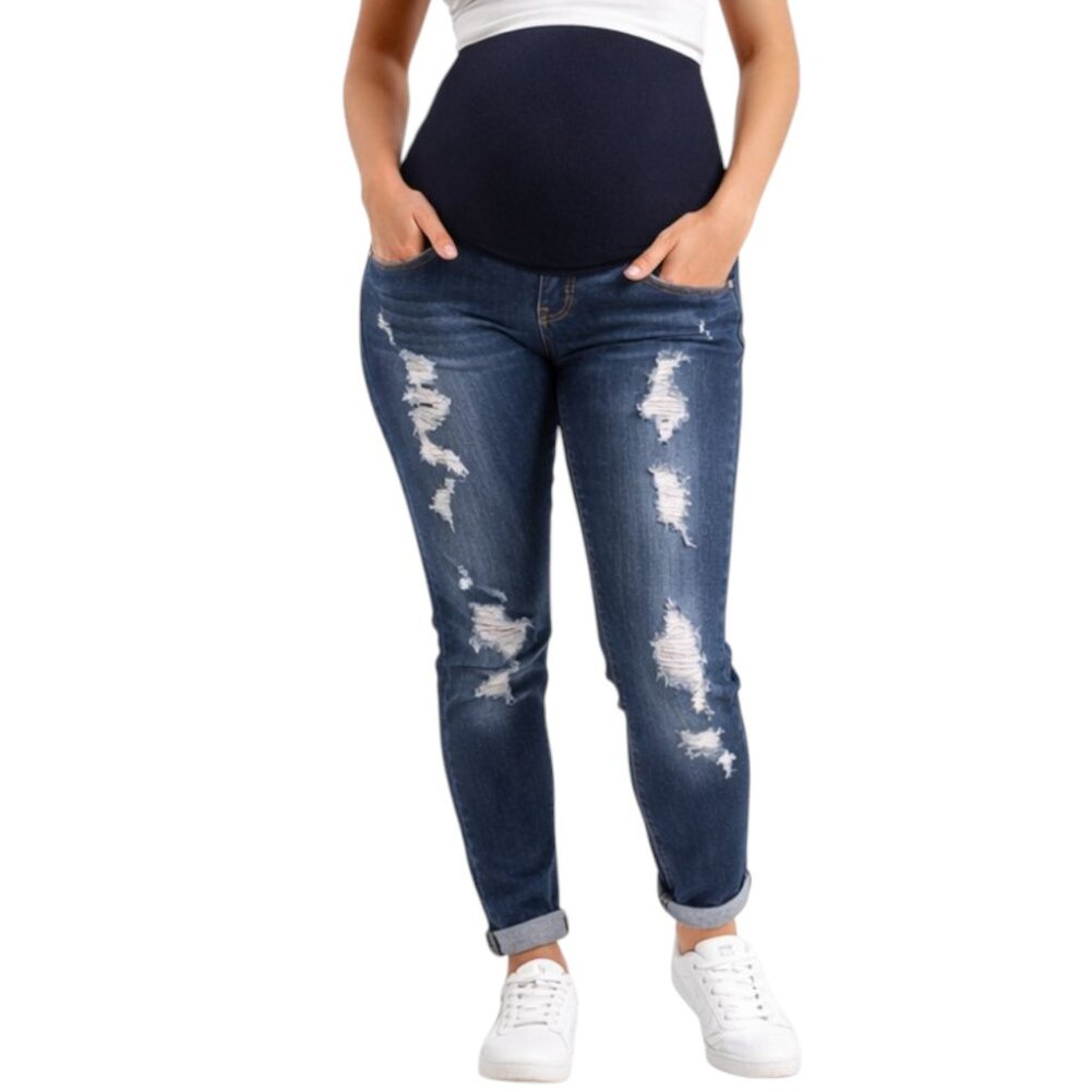Haute Mama Stylish Distressed Maternity Skinny Jeans Over Belly Stretch Denim M - Picture 2 of 8